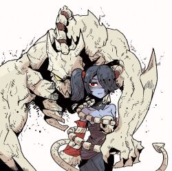 1boy 1girl alternate_form bad_id bad_twitter_id blue_hair blue_skin collarbone colored_skin cowboy_shot detached_collar detached_sleeves dress facing_viewer hair_over_one_eye han_gong leviathan_(skullgirls) looking_at_viewer monster_boy muscular muscular_male red_eyes side_ponytail skullgirls squigly_(skullgirls) stitched_mouth stitches striped_sleeves yellow_eyes zombie