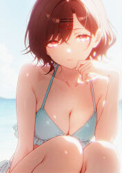 1girl absurdres backlighting bare_arms bare_legs bikini blue_bikini breasts brown_hair chromatic_aberration cleavage closed_eyes collarbone hair_between_eyes hair_ornament hairclip highres higuchi_madoka idolmaster idolmaster_shiny_colors medium_breasts phoenix_(lanzilong646) red_eyes side-tie_bikini_bottom solo swimsuit