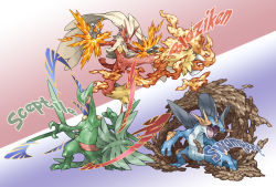 00s blaziken creatures_(company) fire furry game_freak gen_3_pokemon highres kicking mud nintendo pearl7 pokemon pokemon_(creature) pokemon_rse sceptile starter_pokemon_trio swampert