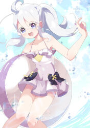 Rule 34 | 1girl, absurdres, ahoge, alternate costume, alternate hairstyle, aromage jasmine, blue eyes, blush, breasts, buoy, collarbone, duel monster, feet out of frame, highres, long hair, looking at viewer, one-piece swimsuit, open mouth, ponytail, purple nails, small breasts, smile, solo, swimsuit, thighs, white hair, white one-piece swimsuit, winegrapeivy, yu-gi-oh!