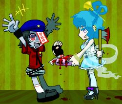 Rule 34 | +++, 2girls, :d, arms up, axe, belt, black belt, black hair, black necktie, black shoes, black skirt, blood, blue dress, blue eyes, blue hair, blue hat, blue skin, bowl, chibi, collared shirt, colored skin, commentary request, dress, full body, grey shoes, hagoromo, hair ornament, hair rings, hair stick, hat, hat ornament, high heels, holding, holding axe, jiangshi, kaku seiga, kirisame marisa, looking at another, miyako yoshika, multiple girls, necktie, newsboy cap, ofuda, ofuda over one eye, open mouth, pet bowl, red shirt, ringed eyes, severed hand, shawl, shirt, shoes, short hair, simotukiryuusi, skirt, smile, socks, spiked belt, star (symbol), star hat ornament, thighhighs, touhou, vest, white socks, white thighhighs, white vest