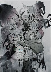 2boys 3girls beard blue_eyes cloak dark_witch_eleine dress ender_lilies_quietus_of_the_knights expressionless facial_hair fake_horns gerrod_the_elder_warrior guardian_siegrid hat helmet highres hood hooded_cloak horned_helmet horns knight kofuku_(reitouko) lily_(ender_lilies) long_hair monochrome multiple_boys multiple_girls nun rain red_eyes skeletal_wings spot_color umbral_knight_(ender_lilies) war_hammer weapon wings witch witch_hat