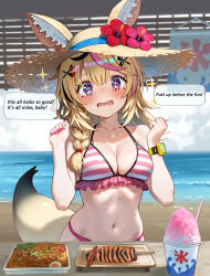 +_+ 1girl animal_ear_fluff animal_ears bare_shoulders beach bikini black_hair blonde_hair blush braid breasts commentary_request drooling ears_through_headwear english_text facial_mark fingernails flower food fox_ears fox_girl fox_tail frilled_bikini frills furrowed_brow hair_ornament hands_up hat hat_flower highres hololive hungry ikayaki kooribata large_breasts long_hair looking_at_food maro2ki3 multicolored_hair nail_polish navel ocean omaru_polka open_mouth outdoors pink_bikini pink_hair pink_nails purple_eyes red_flower shaved_ice shore single_braid solo straw_hat streaked_hair striped_bikini striped_clothes swimsuit tail upper_body virtual_youtuber watch water wristwatch x_hair_ornament yakisoba
