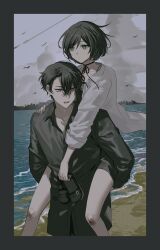 1boy 1girl absurdres bare_legs black_choker black_eyes black_hair black_sandals black_shirt black_shorts borrowed_character carrying choker closed_mouth cloud cloudy_sky commission couple day expressionless green_eyes grey_sky hetero highres holding holding_shoes muted_color open_mouth original piggyback ribbon_choker sandals second-party_source shirt shn_(pixiv13049621) shoes shore short_hair shorts side_part simple_bird skeb_commission sky unworn_shoes white_shirt