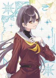 1girl blue_background breasts brown_dress commentary_request cowboy_shot dress floral_background flower grey_hair grin hair_ornament hasu_no_sora_school_uniform highres katsuragi_izumi korean_commentary light_particles link!_like!_love_live! long_sleeves looking_at_viewer love_live! medium_breasts neckerchief orange_eyes pattern_request pleated_dress rose sailor_collar sailor_dress school_uniform smile solo sparkle thanasys triangle_hair_ornament turtleneck v-shaped_eyebrows white_flower white_rose white_sailor_collar winter_uniform yellow_neckerchief