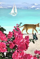 animal blue_sky boat bug butterfly cat cloud cloudy_sky flower highres horizon insect leaf no_humans ocean original pink_flower pink_rose reflection reflective_water rose sail scenery sky water watercraft yacht yukiko_anma