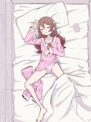 1girl barefoot bed breasts brown_hair comic_lo delicious_party_precure groin highres miyao385 pajamas panties precure sakura_uta_(precure) sleeping small_breasts solo thighs underwear