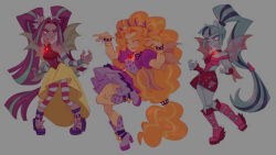3girls adagio_dazzle adagio_dazzle_(human) aqua_hair aria_blaze aria_blaze_(human) blonde_hair dress green_hair highres iksiudodi multicolored_clothes multicolored_hair multiple_girls my_little_pony my_little_pony:_friendship_is_magic orange_hair ponytail purple_hair sonata_dusk sonata_dusk_(human) twintails two-tone_hair