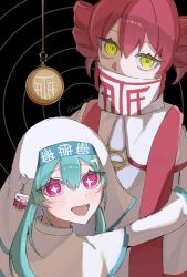 2girls aqua_hair arms_around_waist artist_name black_background blush drill_hair hatsune_miku hug hypnosis jewelry kadono1001 kasane_teto mask mind_control mouth_mask multiple_girls pendant red_eyes red_hair ringed_eyes short_hair t-shi_no_hanashi_wo_shinjiru_na_(vocaloid) twin_drills twitter_username utau veil white_background white_mask white_veil yellow_eyes