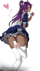 1girl absurdres animal_ears apron artist_name bleach breasts cat_ears cuffs dark-skinned_female dark_skin fake_animal_ears female_focus hair_ornament highres long_hair looking_at_viewer maid maid_apron medium_breasts opalis paid_reward_available patreon_username ponytail purple_hair shihouin_yoruichi simple_background thick_thighs thighhighs thighs white_background white_thighhighs white_wrist_cuffs wrist_cuffs yellow_eyes