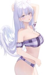 Rule 34 | 1girl, animal ear fluff, animal ears, arm up, arms behind head, bare shoulders, bikini, blush, breasts, buttons, cat ears, cat girl, cat tail, cleavage, collarbone, commentary, daily (daily178900), detached sleeves, english commentary, from side, grey hair, hair between eyes, hair lift, highres, large breasts, long hair, looking at viewer, nail polish, open mouth, original, pink nails, print bikini, puffy detached sleeves, puffy sleeves, purple bikini, purple eyes, simple background, solo, standing, swimsuit, tail, thighs, very long hair, white background