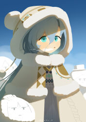 Rule 34 | 1girl, 37 (maidjump goods cafe) (reverse:1999), 37 (reverse:1999), :o, absurdres, beanie, blue eyes, blue hair, blue sky, breath, cloak, daku k, day, fur-trimmed cloak, fur-trimmed headwear, fur trim, hair between eyes, hat, highres, long hair, official alternate costume, pom pom (clothes), pom pom beanie, reverse:1999, sky, snowman, solo, sweater, upper body, white sweater, yellow cloak, yellow hat