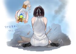 1girl ass atelier_(series) atelier_yumia black_hair commentary_request crack damaged flammi_(atelier) from_behind high_heels highres rubble sitting smoke solo tohka_10days translation_request wariza yumia_liessfeldt