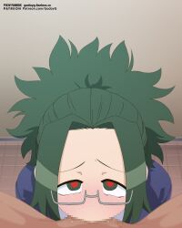 1boy 1girl agari_himiko blue_jacket blush censored deepthroat fanbox_username felipe_godoy fellatio glasses green_hair grey-framed_eyewear heart heart-shaped_pupils hetero high_ponytail highres indoors itan_private_high_school_uniform jacket komi-san_wa_komyushou_desu long_hair looking_at_viewer mosaic_censoring oral paid_reward_available parted_bangs patreon_username penis ponytail pov school_uniform semi-rimless_eyewear shirt symbol-shaped_pupils tile_floor tiles under-rim_eyewear white_shirt winter_uniform