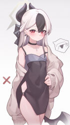 1girl absurdres bei_qi black_dress black_hair black_panties blue_archive blush closed_mouth commentary_request covered_navel dress ear_piercing earrings grey_background grey_jacket hair_between_eyes halo hand_on_own_hip highres jacket jewelry kayoko_(blue_archive) kayoko_(dress)_(blue_archive) long_hair long_sleeves multicolored_hair open_clothes open_jacket panties piercing puffy_long_sleeves puffy_sleeves red_eyes side-tie_panties sleeves_past_fingers sleeves_past_wrists solo spoken_panties strap_slip two-tone_hair underwear untied_panties white_hair