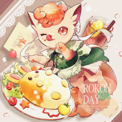 azumarill bad_id bad_pixiv_id buttons character_name clothed_pokemon commentary_request dated dress food food_on_face gen_1_pokemon gen_2_pokemon green_dress lettuce nao_(naaa_195) nintendo no_humans one_eye_closed orange_eyes plate pokemon pokemon_(creature) salad solo star_(symbol) tomato tongue tongue_out vulpix