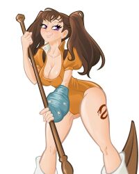 Rule 34 | 1girl, breasts, brown hair, cleavage, diane (nanatsu no taizai), fingerless gloves, gloves, highres, illustr andy, large breasts, leotard, nanatsu no taizai, purple eyes, short sleeves, single glove, snake tattoo, tattoo, twintails, white background
