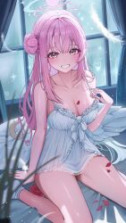 1girl absurdres alternate_costume arm_support blue_archive blurry breasts cleavage collarbone commentary_request curtains depth_of_field dress falling_feathers feathers gradient_eyes hair_bun halo highres indoors korean_commentary large_breasts light_particles lingerie looking_at_viewer low_wings mika_(blue_archive) multicolored_eyes pink_hair pink_halo single_hair_bun single_side_bun solo suisen_(suisenhwa) underwear white_dress white_feathers white_wings wings yellow_eyes