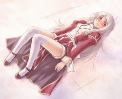 1girl ahoge cross cross_necklace female_focus high_priest_(ragnarok_online) jewelry kneehighs latin_cross long_hair lying necklace nyaou on_back priestess ragnarok_online socks solo thighhighs white_socks