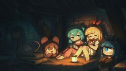 5girls :3 :d absurdres ahoge animal_ears aqua_eyes aqua_hair black_hairband blanket blonde_hair blue_eyes blue_hair blunt_bangs bouquet brown_hair buck_teeth closed_eyes commentary cyclops english_commentary flower hair_between_eyes hairband highres holding holding_bouquet jacket lantern long_hair mouse_ears mouse_girl mouse_tail multiple_girls on_bed one-eyed open_clothes open_jacket open_mouth original porforever short_hair sitting smile tail teeth