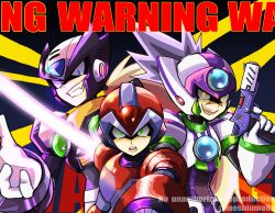 Rule 34 | 3boys, absurdres, alternate color, android, arm cannon, armor, axl (mega man), black armor, black helmet, black zero (mega man), blonde hair, brown hair, character name, chest jewel, chinese finger trap, closed eyes, energy sword, forehead jewel, group picture, gun, helmet, highres, holding, holding gun, holding sword, holding weapon, long hair, male focus, mega man (series), mega man x (series), meshiuma0x, multiple boys, official alternate color, partially shaded face, purple armor, purple helmet, red armor, red helmet, shoulder armor, simple background, smirk, spiked hair, sword, upper body, weapon, white axl (mega man), white background, x (mega man), yellow eyes, zero (mega man)