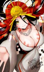 1girl bare_shoulders bead_necklace beads body_markings breasts brown_hair cleavage collarbone facial_mark fate/grand_order fate_(series) forehead forehead_mark headpiece highres himiko_(fate) himiko_(third_ascension)_(fate) japanese_clothes jewelry kimono large_breasts long_hair looking_at_viewer necklace off_shoulder sash smile solo wagu_neru white_kimono yellow_eyes