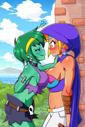 2girls against_wall assertive_female bare_shoulders blonde_hair blue_sky blush breast_press breasts bush cape choker cleavage cloud colored_skin crop_top dark-skinned_female dark_skin day earrings eye_contact face-to-face from_side grass green_hair green_skin hairband half-closed_eyes highres hood jewelry linker looking_at_another medium_breasts mountain multiple_girls navel ocean outdoors pants purple_eyes red_eyes rottytops seductive_smile shantae:_half-genie_hero shantae_(series) short_hair shorts sideboob skull_earrings sky sky_(shantae) smile stitches stomach tank_top undead wavy_mouth wide-eyed yuri zombie