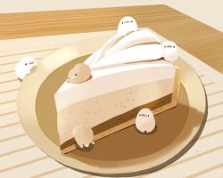 chai_(drawingchisanne) commentary cream dessert food food_focus in_food looking_at_viewer no_humans original plate signature sitting_on_food stuck sweets_bird table tart_(food) undersized_animal wooden_table