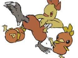 animal_focus artist_request bird brown_eyes claws combusken creatures_(company) exercising fire full_body game_freak gen_3_pokemon highres kicking looking_ahead motion_blur multiple_others nintendo no_humans open_mouth pokemon pokemon_(creature) simple_background standing standing_on_one_leg talons torchic white_background