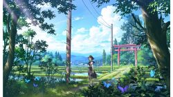 Rule 34 | 1girl, black hair, black neckerchief, black sailor collar, black skirt, blue sky, bug, butterfly, cloud, cloudy sky, commentary request, day, insect, neckerchief, odaartworks, original, outdoors, path, pleated skirt, power lines, rice paddy, road, sailor collar, school uniform, shirt, short hair, short sleeves, skirt, sky, solo, standing, sunlight, torii, tree, utility pole, white shirt, wide shot