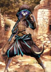 1boy abs arm_at_side bandaged_arm bandaged_leg bandages black_blade_(fate) black_jacket black_shorts clothing_cutout covered_face cropped_jacket cross-laced_jacket dark-skinned_male dark_skin drawstring fate/grand_order fate_(series) feet_out_of_frame game_cg hand_on_headwear hand_up hassan_of_the_shining_star_(fate) hood hood_up hooded_jacket jacket jewelry legs_apart male_focus mask multiple_necklaces multiple_rings necklace no_shirt official_art pubic_tattoo puffy_shorts puffy_sleeves purple_eyes purple_hair ring scar scar_on_neck short_hair short_sleeves shorts sickle skull_mask solo standing task_owner tattoo third-party_source toned toned_male very_dark_skin weapon white_mask