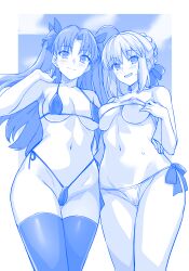 2girls :d absurdres artoria_pendragon_(fate) bikini blush braid breasts collarbone crown_braid fate/stay_night fate_(series) hair_ribbon haruhisky highres long_hair looking_at_viewer medium_breasts monochrome multiple_girls navel open_mouth ribbon saber_(fate) sidelocks smile standing stomach swimsuit thighs two_side_up very_long_hair white_bikini