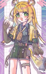Rule 34 | 1girl, absurdres, animal ear fluff, animal ears, blonde hair, gloves, green eyes, highres, jacket, ju fufu, long hair, looking at viewer, midorino otya, multicolored hair, open mouth, shirt, smile, solo, tail, tiger ears, tiger girl, tiger tail, zenless zone zero