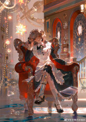 1girl absurdres ankle_socks apron armchair belt belt_buckle black_belt black_bow black_dress black_hair black_shoes blood blood_on_ground bow bright_pupils brown_hair buckle buttons chair character_request checkered_floor chinese_commentary collared_dress colored_tips commentary_request dress eyelashes fireplace frilled_apron frills full_body glass_shards hair_bow head_tilt highres indoors jewelry juliet_sleeves light_particles living_room long_dress long_sleeves looking_at_viewer maid maid_headdress mary_janes multicolored_hair necklace on_chair onmyoji:_the_card_game orange_eyes paint_splatter paint_splatter_on_face painting_(object) parted_lips pink_lips puffy_sleeves shoe_belt shoes short_hair short_twintails sitting socks solo stairs star_(symbol) star_necklace teeth twintails watermark weibo_watermark white_apron white_pupils white_socks yangming_li_wan_dianfen_chang