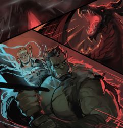 2boys aura bara bare_pectorals beard colored_skin dopey_(dopq) dragon facial_hair fangs fantasy fighting_stance green_skin highres holding holding_sword holding_weapon large_pectorals magic male_focus mature_male monster_boy multiple_boys muscular muscular_male orc original paid_reward_available pectorals scar scar_across_eye scar_on_chest scar_on_face scar_on_nose short_hair sword thick_eyebrows two-handed two-handed_sword warrior weapon
