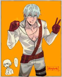 ... 1boy 1girl artist_name biker_clothes bikesuit blue_eyes bodysuit dante_(devil_may_cry) devil_may_cry devil_may_cry_(series) devil_may_cry_3 gloves highres jewelry lady_(devil_may_cry) necklace orange_background red_gloves simple_background smile tirtyturtle tongue tongue_out v white_bodysuit white_hair