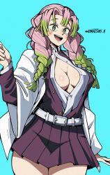 1girl aqua_background black_skirt blush braid breasts commentary cowboy_shot demon_slayer_uniform green_eyes green_hair hand_up haori highres japanese_clothes kanroji_mitsuri kimetsu_no_yaiba komatsuki_n large_breasts long_hair long_sleeves mole mole_under_eye multicolored_hair open_mouth partially_unbuttoned pink_hair pleated_skirt simple_background skirt smile solo standing teeth twin_braids twitter_username two-tone_hair upper_teeth_only white_haori wide_sleeves