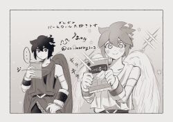 Rule 34 | 2boys, :&gt;, ahoge, androgynous, angel, armlet, belt, black hair, brothers, closed mouth, collarbone, dark pit, grey wings, greyscale, hand on own hip, highres, holding, jewelry, kid icarus, kid icarus uprising, ko iwari ngo, laurel crown, light blush, monochrome, multiple boys, neck, nintendo, outside border, pit (kid icarus), short hair, siblings, sidelocks, smile, sparkle, spiked hair, translation request, twins, twitter username, v-shaped eyebrows, white wings, wings