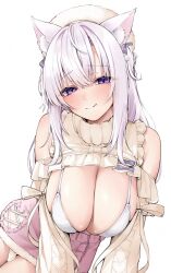 1girl :q animal_ears bare_shoulders blush breasts cleavage closed_mouth clothing_cutout commentary_request commission highres huge_breasts indie_virtual_youtuber long_hair long_sleeves looking_at_viewer mono_(mo_n_mno) naito_mare purple_eyes second-party_source shoulder_cutout simple_background skeb_commission smile solo tongue tongue_out virtual_youtuber white_background white_hair