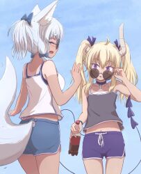 2girls absurdres animal_ears blonde_hair blue_background broken_horn choker cola demon_horns demon_tail dolphin_shorts fox_ears fox_tail hair_ribbon highres horns lilith_(machikado_mazoku) machikado_mazoku multiple_girls ponytail purple_eyes ribbon riko_(machikado_mazoku) round_eyewear short_ponytail shorts sunglasses tail tan tank_top tanline twintails yunoppi
