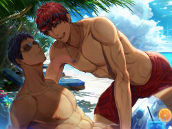 2boys abs aomine_daiki beach blue_eyes blue_hair blue_male_swimwear closed_mouth cloud dark-skinned_male dark_skin day eyewear_on_head flower highres jewelry juice kagami_taiga kuroko_no_basuke looking_at_viewer male_focus male_swimwear multiple_boys muscular muscular_male navel necklace nipples open_mouth outdoors pectorals red_eyes red_hair red_male_swimwear shade short_hair sky smile summer sunglasses topless_male yaoi zawar379