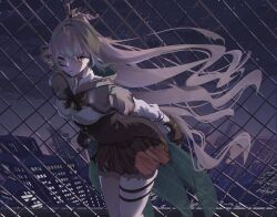 1girl absurdres ahoge arms_behind_back brown_capelet brown_cloak brown_corset cape capelet chain-link_fence cityscape cloak corset cowboy_shot feather_hair_ornament feathers fence gloves hair_ornament hairclip harikyon_dzs highres hololive hololive_english leaning_forward long_hair nanashi_mumei nanashi_mumei_(1st_costume) night partially_fingerless_gloves pleated_skirt ponytail red_skirt ribbon shirt skirt sky star_(sky) starry_sky thigh_strap very_long_hair virtual_youtuber white_shirt