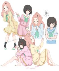 2girls 3: ;d absurdres aqua_neckerchief back-to-back bangs_pinned_back bare_legs barefoot black_hair black_socks blue_sailor_collar blush bow brown_hair cardigan casyu_nut cropped_torso freckles from_side full_body hair_bow hair_ornament hibike!_euphonium highres hisaishi_kanade holding holding_own_hair kenzaki_ririka kitauji_high_school_uniform long_hair long_sleeves multiple_girls neckerchief one_eye_closed open_mouth pink_shirt pink_skirt playing_with_own_hair pointing red_bow red_eyes sailor_collar school_uniform shared_speech_bubble shirt shoes short_hair short_sleeves signature simple_background skirt smile socks speech_bubble spoken_squiggle squiggle star_(symbol) star_hair_ornament string string_of_fate summer_uniform twitter_username uwabaki wavy_mouth white_background white_sailor_collar white_shoes winter_uniform yellow_cardigan yellow_eyes yellow_skirt