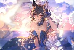 1girl animal_ears bare_shoulders black_hair blue_dress blue_gloves blush breasts bridal_veil cleavage collarbone copyright_notice detached_collar dress dress_flower flower gloves granblue_fantasy hair_between_eyes hand_up head_wreath horizon ilsa_(formal)_(granblue_fantasy) ilsa_(granblue_fantasy) medium_breasts official_art open_mouth outdoors petals red_eyes short_hair smile solo strapless strapless_dress sunset tucking_hair veil
