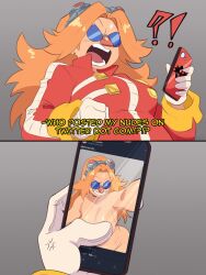 !? 1girl absurdres angry blonde_hair breasts completely_nude d: dr._eggman fat fat_woman genderswap genderswap_(mtf) gloves goggles goggles_on_head gradient_background grey_background grin hand_up highres holding holding_phone jacket large_breasts long_hair long_sleeves nikkikaji nude open_mouth phone red_jacket selfie smile snapcube sonic_(series) sunglasses teeth upper_body white_gloves