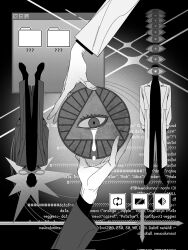 Rule 34 | 2boys, benkdjjituibot, black coat, black shirt, censored, censored identity, coat, covered face, crying, crying with eyes open, eye of providence, highres, holding, icon (computing), infinity symbol, kim dokja, multiple boys, omniscient reader&#039;s viewpoint, programming, shirt, tears, too many eyes, upside-down, white coat, window (computing), yoo joonghyuk