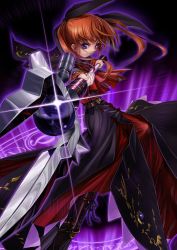 Rule 34 | 1girl, absurdres, alternate costume, alternate weapon, bow, dark nanoha, dark persona, highres, huge filesize, lyrical nanoha, magic circle, magical girl, mahou shoujo lyrical nanoha strikers, purple eyes, raising heart, red bow, red hair, takamachi nanoha, tom (1art.), twintails, weapon, white devil