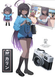 1girl absurdres ahoge aqua_bow aqua_bowtie bag black_hair black_skirt black_socks blue_archive blue_cardigan blue_sweater bow bowtie bralines camera cardigan collared_shirt dark-skinned_female dark_skin dhrmawk159 gradient_hair halo highres holding holding_camera karin_(blue_archive) karin_(school_uniform)_(blue_archive) loafers long_hair loose_bowtie miniskirt multicolored_hair peroro_(blue_archive) photo_(object) pleated_skirt purple_hair purple_halo shirt shoes shoulder_bag skirt smile socks sweater very_long_hair white_shirt