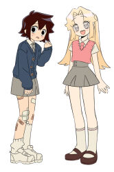 1boy 2girls :d blonde_hair blush brown_hair full_body highres long_hair mary_janes multiple_girls open_mouth original school_uniform seomanii shoes short_hair simple_background skirt smile socks standing white_background