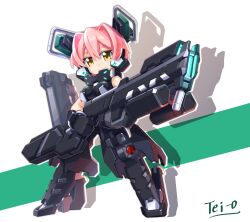 1girl armored_boots artist_name boots breasts brown_eyes chibi closed_mouth colored_shadow full_body gloves gun hair_between_eyes headgear highres holding holding_gun holding_weapon looking_at_viewer mecha_musume medium_breasts original pink_hair science_fiction shadow short_hair signature smile solo standing tei-o thick_eyebrows two-tone_background v-shaped_eyebrows weapon white_background yellow_eyes
